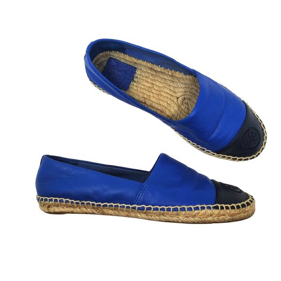 Tory Burch Leather Colorblock Flat Espadrilles Jelly Blue Tory Navy Size 7.5 - Picture 1 of 12